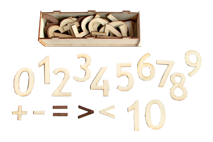 Ciparu komplekts sastāv  no cipariem no 0-10 (katrs cipars ir 4 eksemplāros), kā arī aritmētisko darbību „+”, ‘’’-‘’, ‘’=”, „” zīmēm. Izmantojams ciparu apgūšanai vienkāršu aritmētisko darbību veikšanai, kā arī dažādiem zīmēšanas darbiņiem trafaretu veidā.